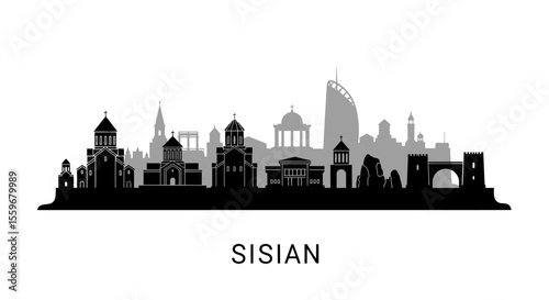 Sisian Skyline Silhouette with Armenia, and cityscape.