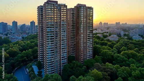 City skyline with high-rise buildings and parkland at sunset.