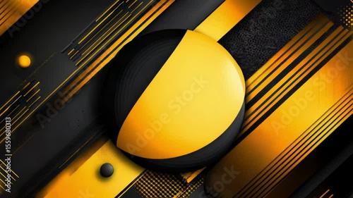 Abstract geometric art with yellow shapes and diagonal black stripes