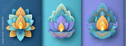 Happy Diwali festival beautiful design template. Minimal composition in paper cut style. Set holiday background for branding greeting card, banner, cover, flyer or poster. Vector illustration.