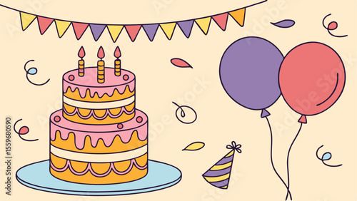A festive and colorful illustration featuring a two tiered birthday cake with candles balloons a party hat and decorative bunting against a light cream background