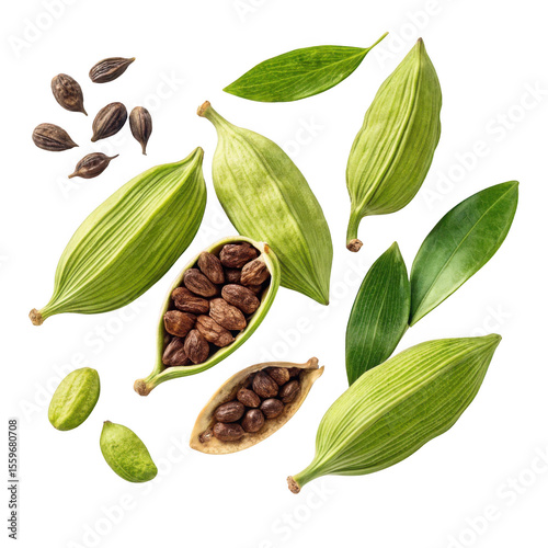 Green cardamom pods seeds and leaves isolated on transparent background
