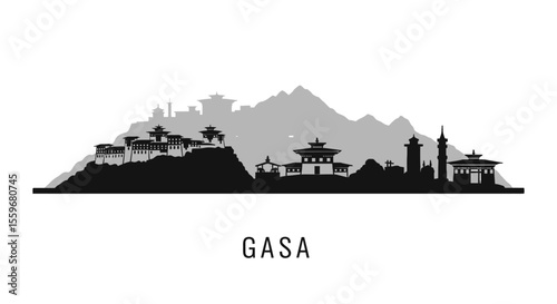 Gasa with Bhutan Skyline Silhouette Vector.