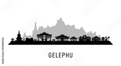 Gelephu Bhutan Skyline Silhouette with Cityscape.