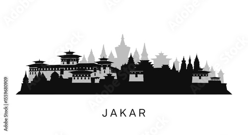 Jakar with Bhutan, Skyline, Silhouette, and Illustration.