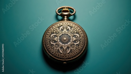 Intricate Vintage Gold Pocket Watch on Teal Background with Detailed Floral Engraving