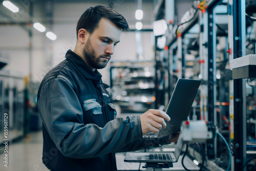 Professional worker of modern factory using laptop to automatic machinery.