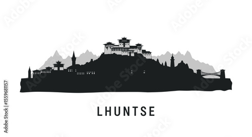 Lhuntse Bhutan Skyline Silhouette Vector.