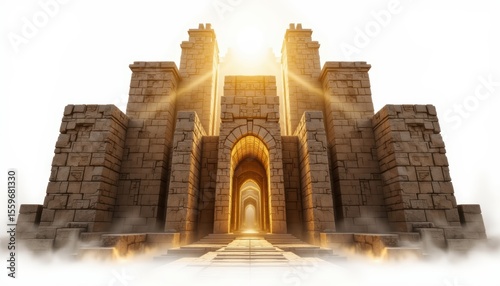 Majestic Ancient Fortress with Sunlight Illuminating the Stone Gateway in a Mystical Landscape