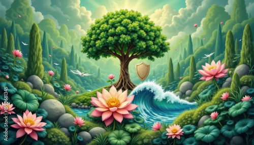 Majestic Tree Surrounded by Pink Lotus Flowers and Gentle Waves in a Lush Fantasy Landscape