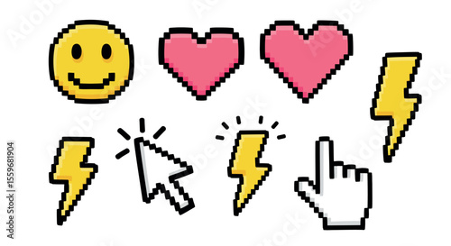 Retro pixel art vector illustration: emoji and icon set for digital design