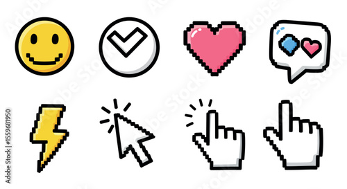 Retro pixel art vector illustration of icon set for digital communication
