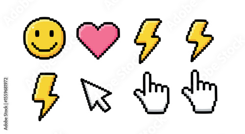 Pixel art icons vector illustration - emoji, heart, lightning, cursor, hands for digital design