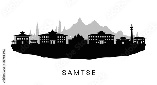 Samtse Bhutan Skyline Black Silhouette.