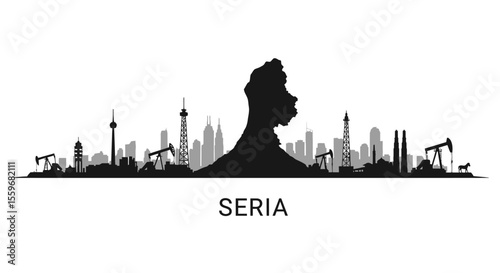 Seria with Brunei skyline vector, oil rigs, and cityscape.