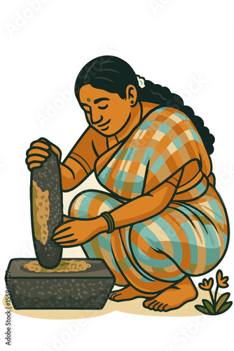 Indian Woman Grinding Spices Using Traditional Stone Grinder – Vector Illustration

