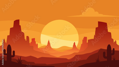 Sunset Desert Landscape Illustrations – Cactus, Canyon & Western Scenery