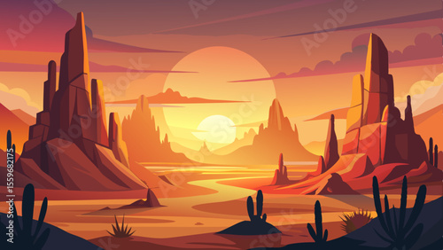 Sunset Desert Landscape Illustrations – Cactus, Canyon & Western Scenery