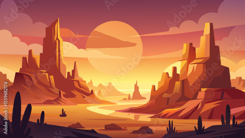 Sunset Desert Landscape Illustrations – Cactus, Canyon & Western Scenery