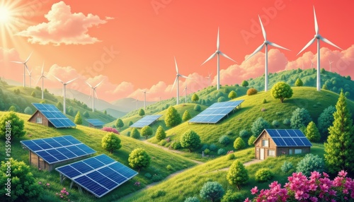 Scenic Renewable Energy Landscape Featuring Solar Panels and Wind Turbines on Green Hills