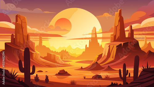 Sunset Desert Landscape Illustrations – Cactus, Canyon & Western Scenery