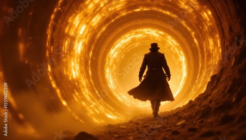 Silhouette of a Man in a Cape Walking Through a Glowing Portal in a Mystical Landscape