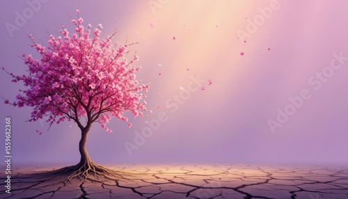 Single Cherry Blossom Tree in a Serene Landscape with Cracked Earth and Gentle Light