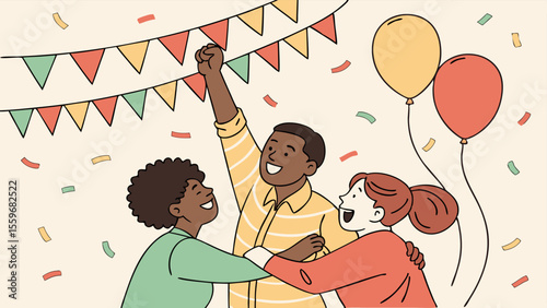 A diverse group of friends celebrating a joyous occasion with arms around each other confetti falling balloons floating and festive bunting overhead