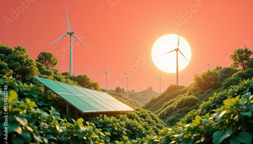 Sunset Over Green Hills Featuring Wind Turbines and Solar Panels in a Serene Landscape