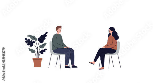 Flat vector illustration of a conversation in a minimalist setting for design use