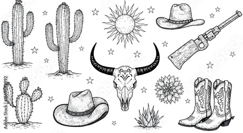 Western themed vector illustration: hand drawn cowboy elements for design