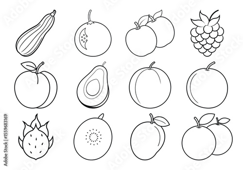 Collection of twelve different fruits and vegetables line art isolated on white background