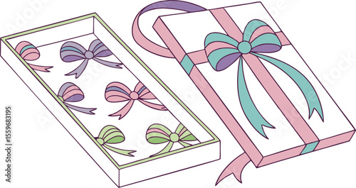 An open gift box filled with colorful decorative bows with the lid of another gift box tied with a matching ribbon and bow resting beside it