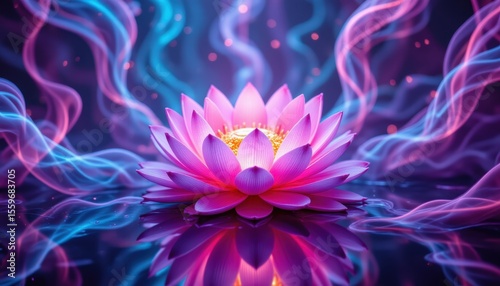 Vibrant Pink Lotus Flower Blooming on Calm Water with Mystical Glow and Reflections