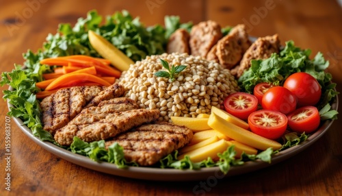 Vibrant Platter of Grilled Chicken, Fresh Vegetables, and Healthy Grains on a Wooden Table
