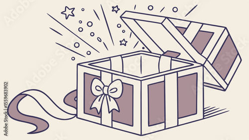 A charming hand drawn illustration of an open gift box with a large bow and ribbon radiating celebratory sparkles and stars symbolizing surprise and joy