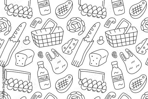 Flat cartoon vector illustration black and white pattern with grocery items and supermarket basket. Outline seamless design for food packaging, shopping prints, meal planning, retail, kitchen visuals