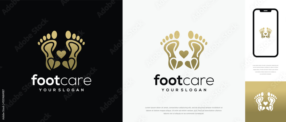 Fototapeta premium Foot care love logo design. Podiatry foot care logo template. Foot love logo symbol icon