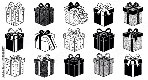 Gift box vector illustration collection for holiday design in monochrome style