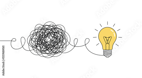 Creative problem solving concept: vector illustration of clutter to clarity with light bulb - design for posters in line art style