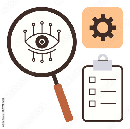 Magnifying glass focusing on an eye with circuit design, gear symbol, and checklist. Ideal for technology, innovation, vision, task management, AI, research productivity simple flat metaphor