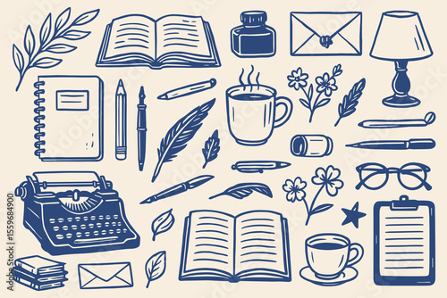 Vintage writer tools vector design featuring typewriter, books, pens, flowers, and tea cups evoking a nostalgic atmosphere