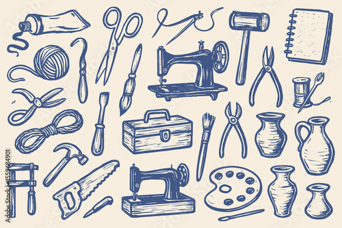 Hand drawn vector illustration featuring a collection of art and craft tools in doodle style