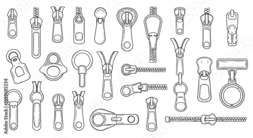 Vector illustration of zipper pull designs, fashion accessory concepts for apparel, flat line art style for design
