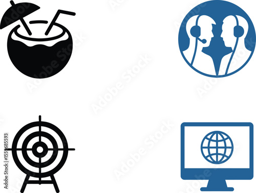 Icons set for summer vacation support target and global communication vector graphic design element