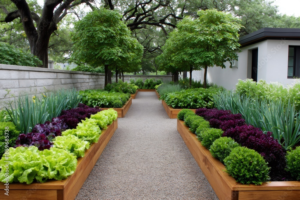 Fototapeta premium Gravel path dividing lush vegetable and herb garden beds