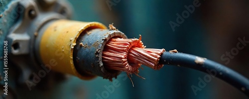 Damaged Electrical Wiring Close-up of Exposed Copper and Frayed Insulation, Highlighting Electrical Safety Hazards and the Need for Regular Maintenance Checks