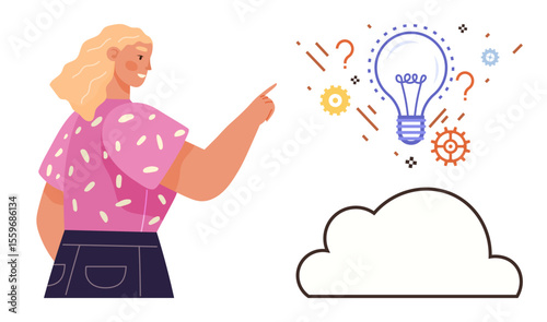 Woman pointing at glowing lightbulb surrounded by gears, question marks, and sparks above a cloud. Ideal for creativity, innovation, brainstorming, problem solving, knowledge, imagination simple