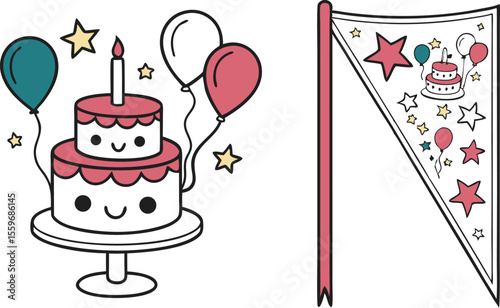 Cute cartoon birthday cake with balloons and stars next to a festive pennant flag on a white background celebrating a special occasion