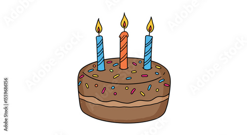 Festive birthday cake vector illustration with candles and sprinkles in hand drawn style - design for greeting cards and posters